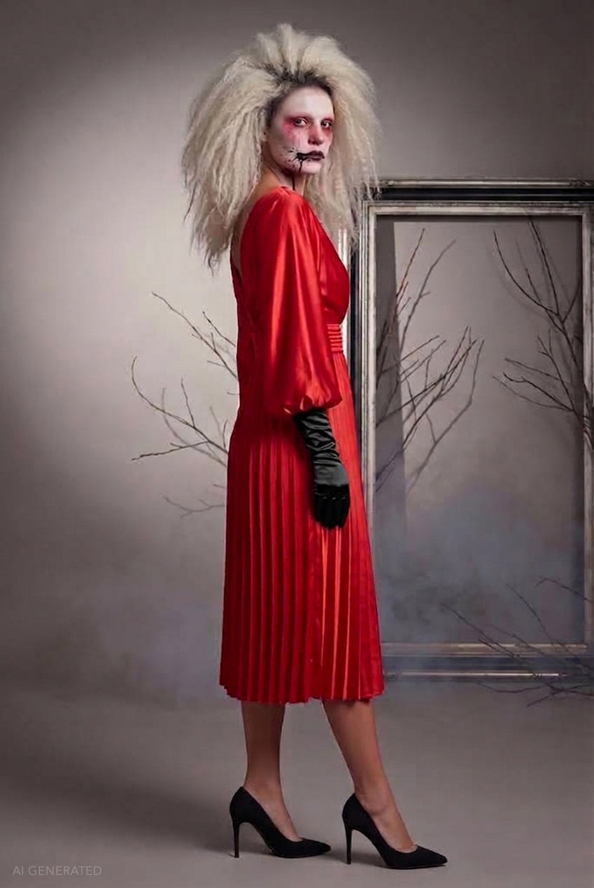 Goddiva Long Sleeve A-Line Midi Frankenstein's Bride-Inspired Halloween Costume - Red