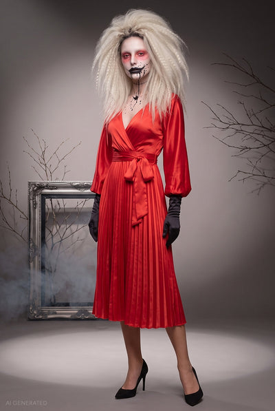 Red - Goddiva Long Sleeve A-Line Midi Frankenstein's Bride-Inspired Halloween Costume - Red