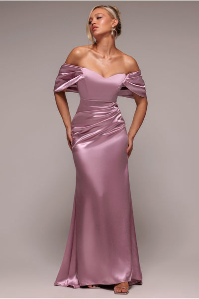 RosePink - Goddiva Off Shoulder Satin Maxi With V Neck - Rosepink