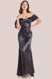 Goddiva Off Shoulder Satin Maxi Dress With V Neck - Black