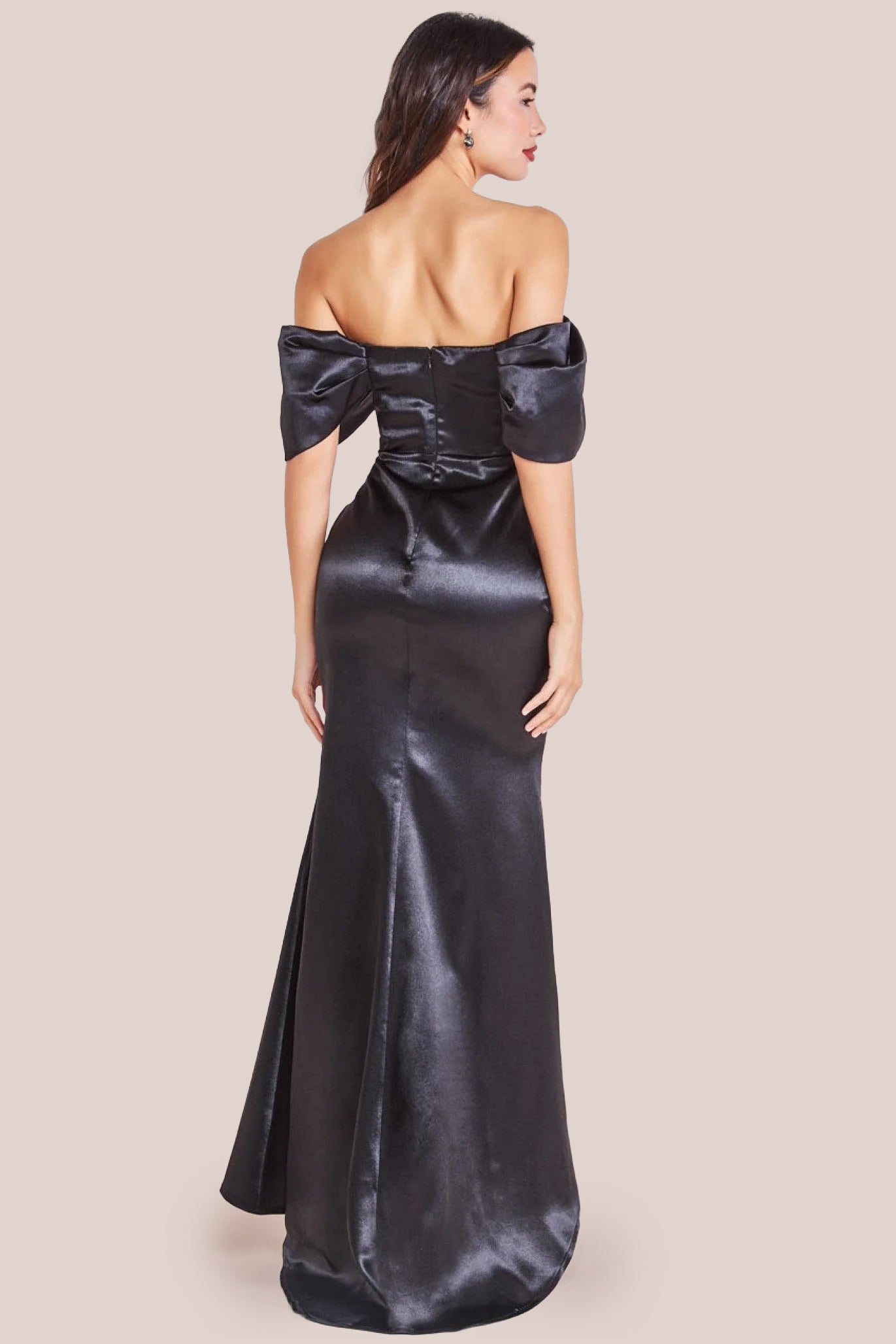 Goddiva Off Shoulder Satin Maxi Dress With V Neck - Black