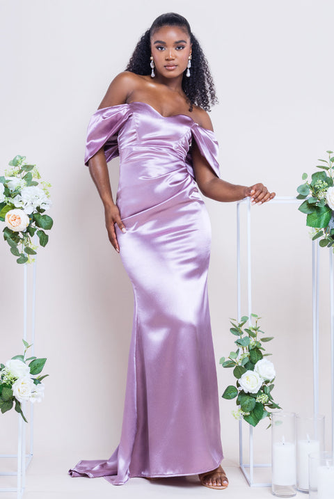 Goddiva Off Shoulder Satin Maxi With V Neck - Rosepink