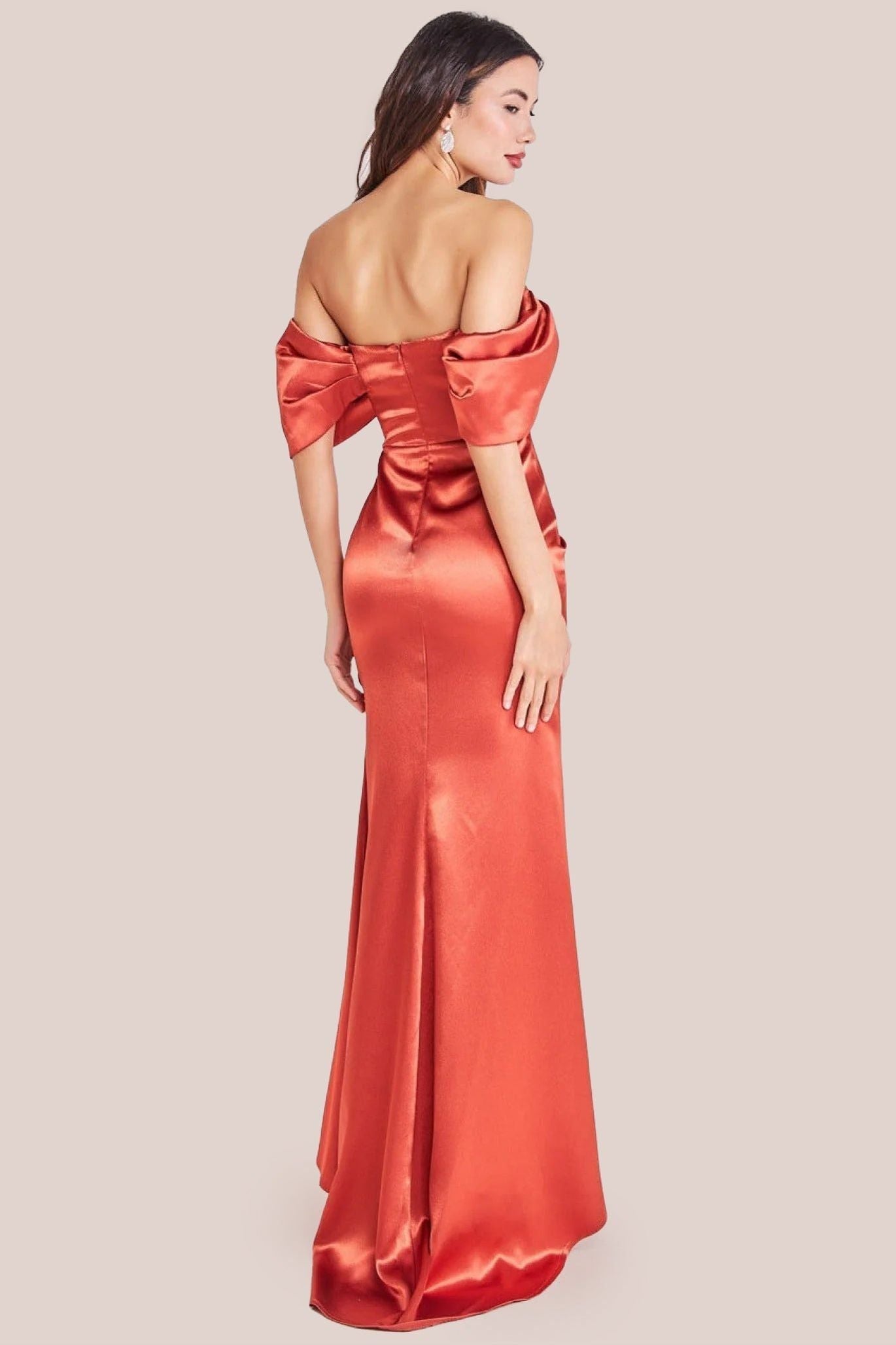 Goddiva Off Shoulder Satin Maxi With V Neck - Burntorange