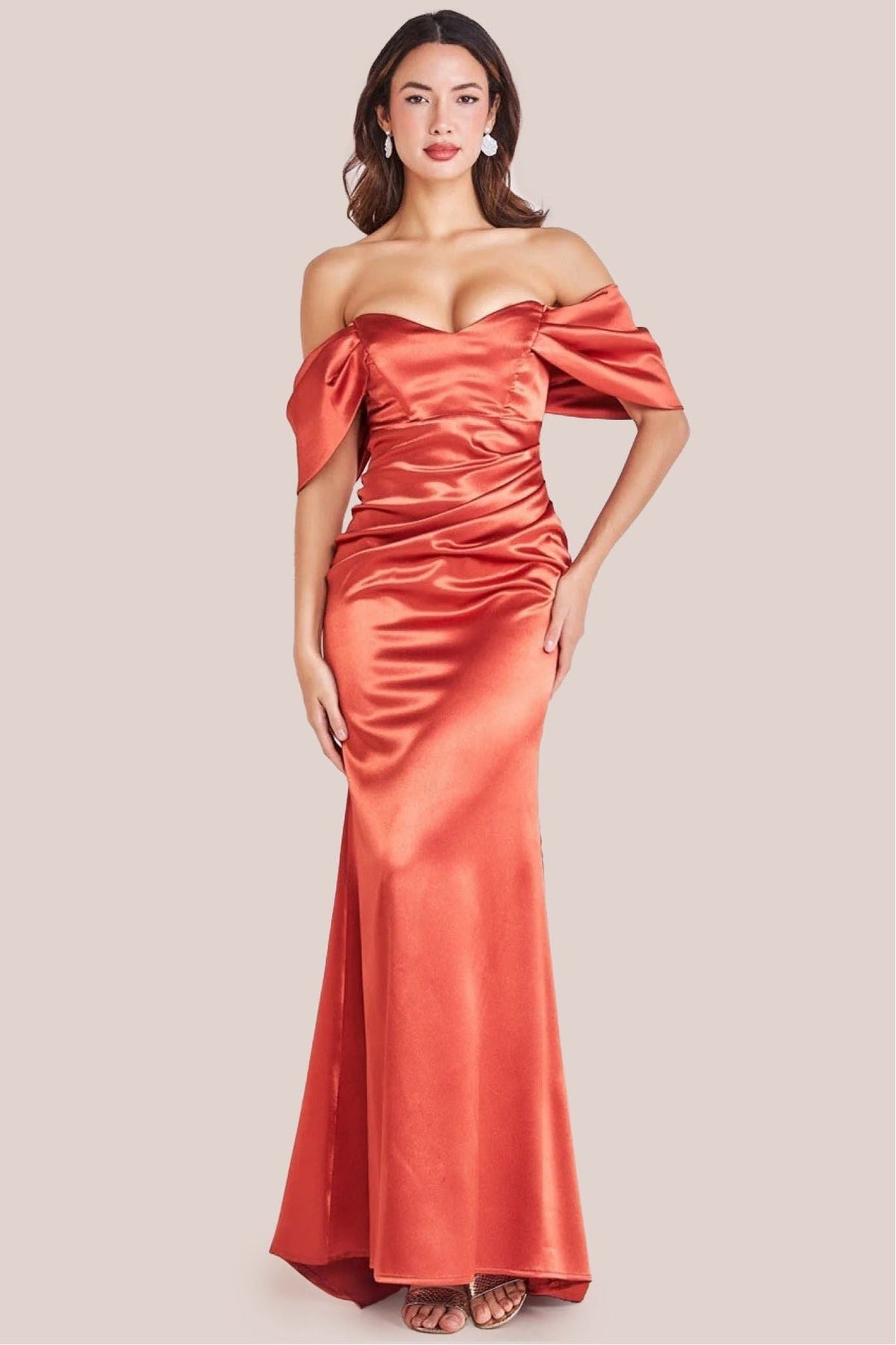 Goddiva Off Shoulder Satin Maxi With V Neck - Burntorange