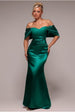 Goddiva Off Shoulder Satin Maxi With V Neck - Emerald