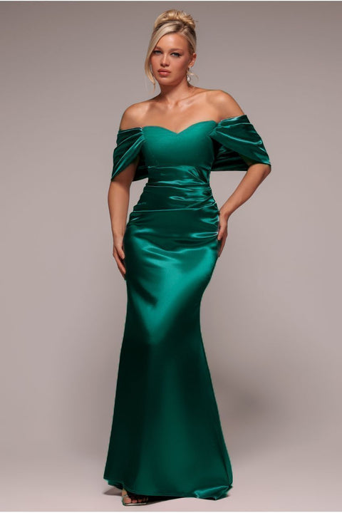 Goddiva Off Shoulder Satin Maxi With V Neck - Emerald