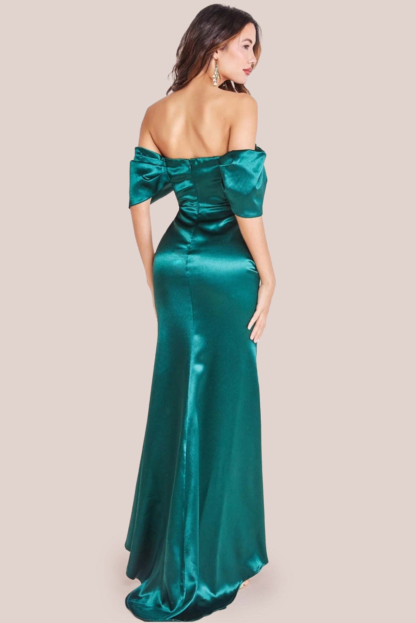 Goddiva Off Shoulder Satin Maxi With V Neck - Emerald