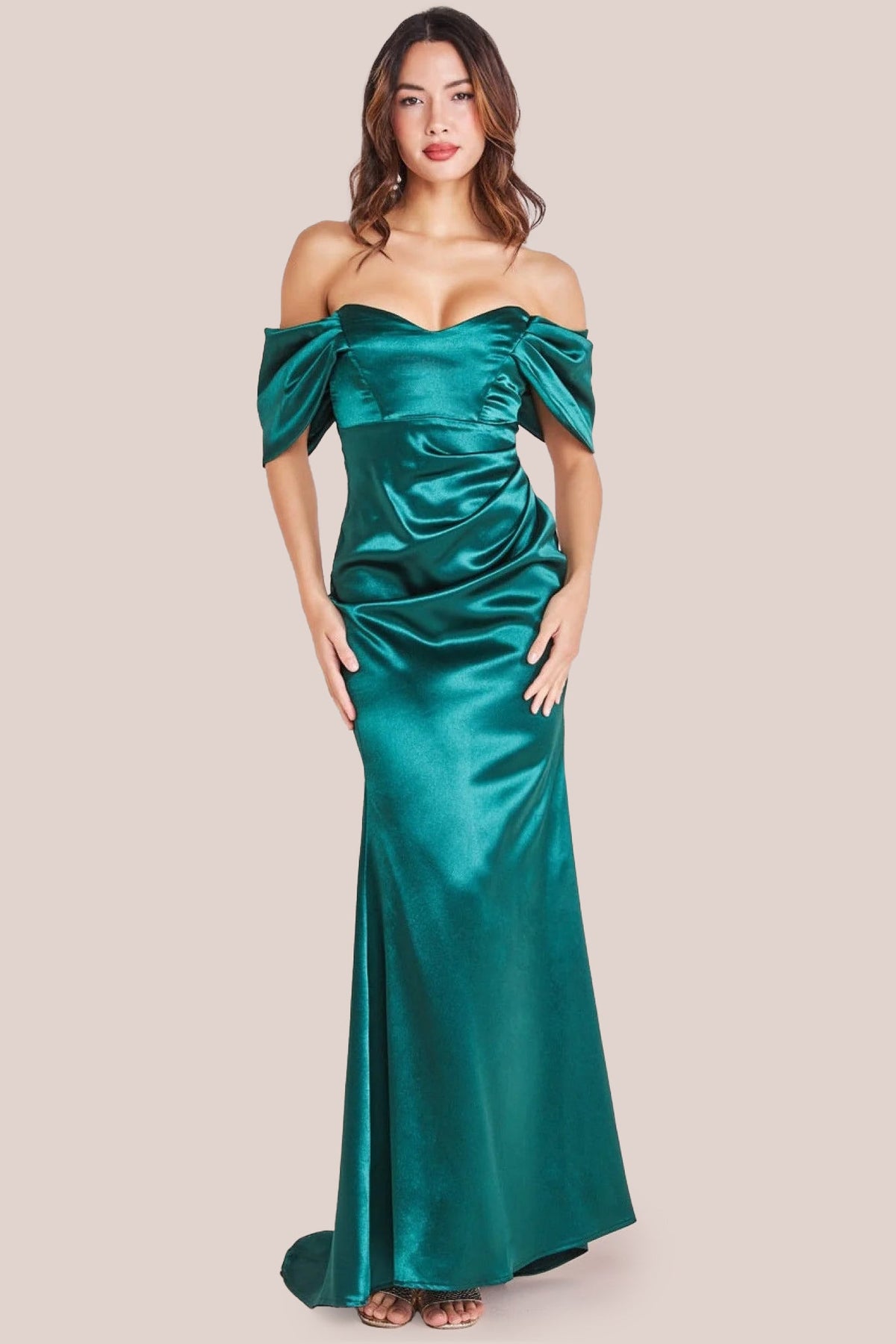 Goddiva Off Shoulder Satin Maxi With V Neck - Emerald