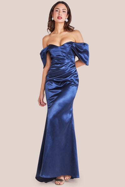 Navy - Goddiva Off Shoulder Satin Maxi With V Neck - Navy