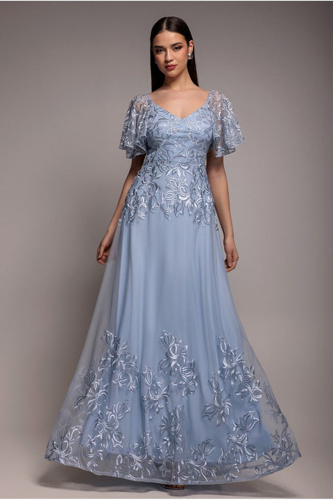 Goddiva Lace Flutter Sleeve Embroidered Mesh A Line Maxi Dress - Blue