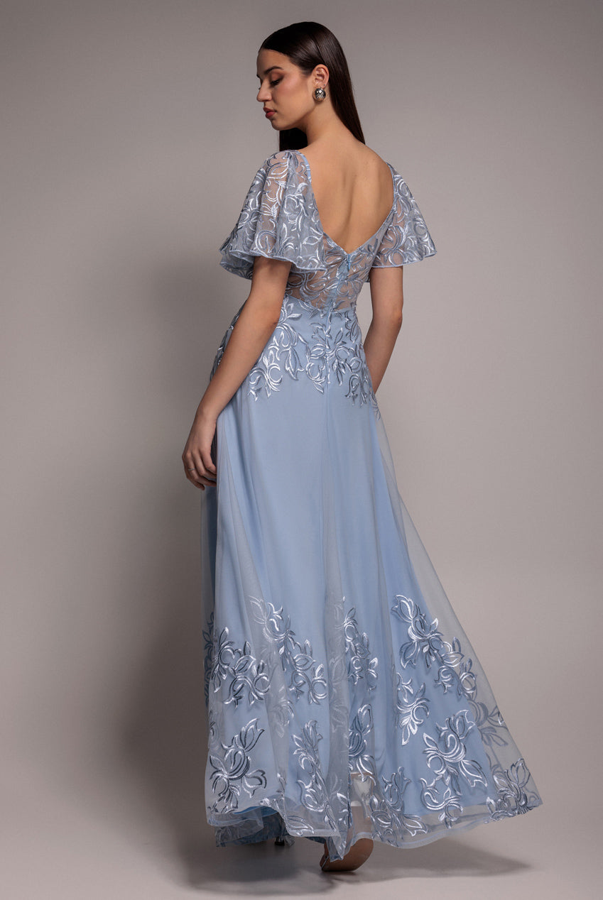 Goddiva Lace Flutter Sleeve Embroidered Mesh A Line Maxi Dress - Blue