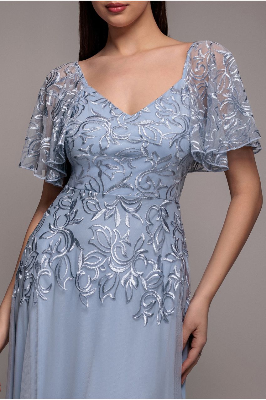 Goddiva Lace Flutter Sleeve Embroidered Mesh A Line Maxi Dress - Blue