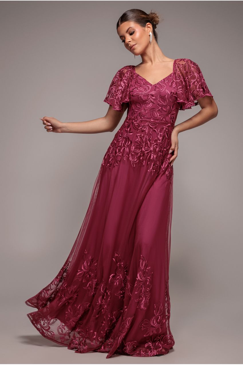 Goddiva Lace Flutter Sleeve Embroidered Mesh A Line Maxi Dress - Burgundy