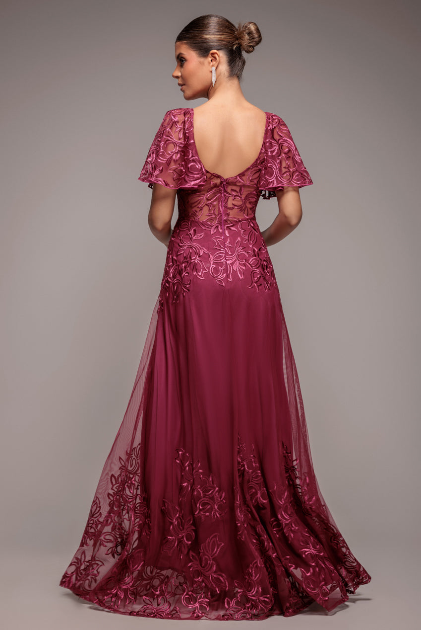 Goddiva Lace Flutter Sleeve Embroidered Mesh A Line Maxi Dress - Burgundy