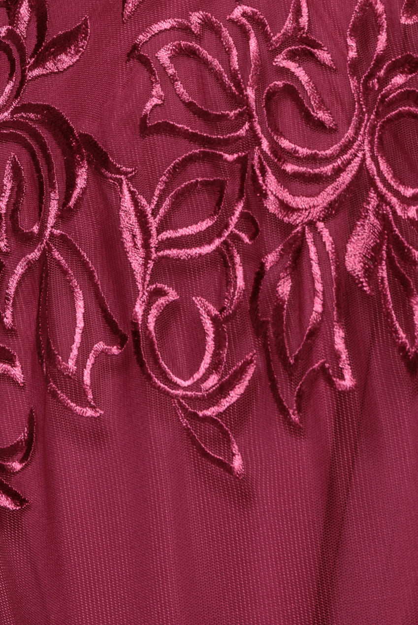 Goddiva Lace Flutter Sleeve Embroidered Mesh A Line Maxi Dress - Burgundy