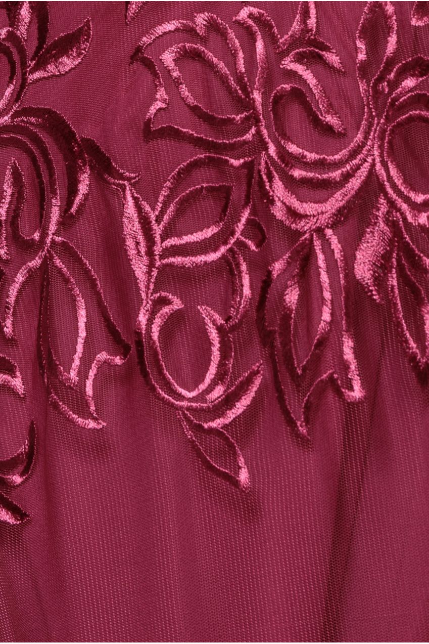 Goddiva Lace Flutter Sleeve Embroidered Mesh A Line Maxi Dress - Burgundy
