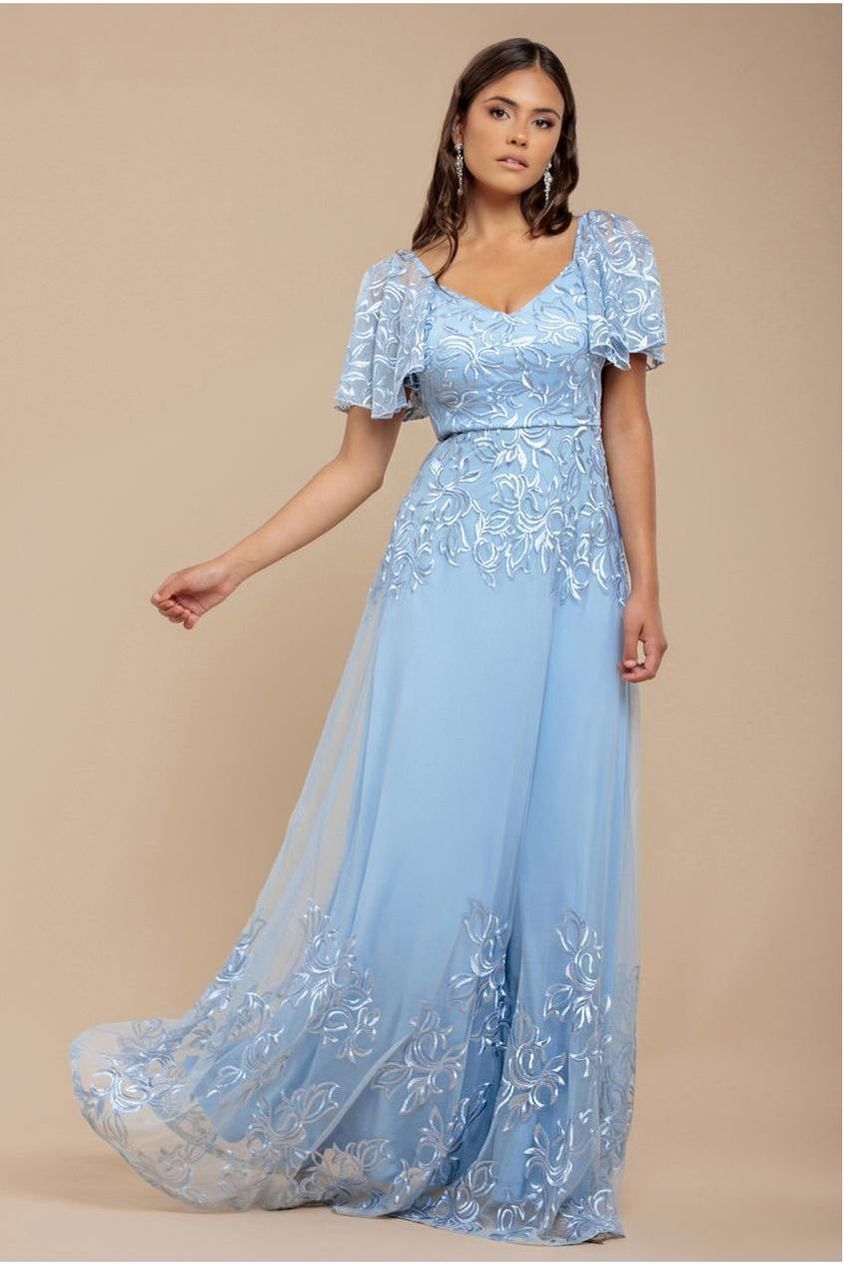 Goddiva Lace Flutter Sleeve Embroidered Mesh A Line Maxi Dress - Blue
