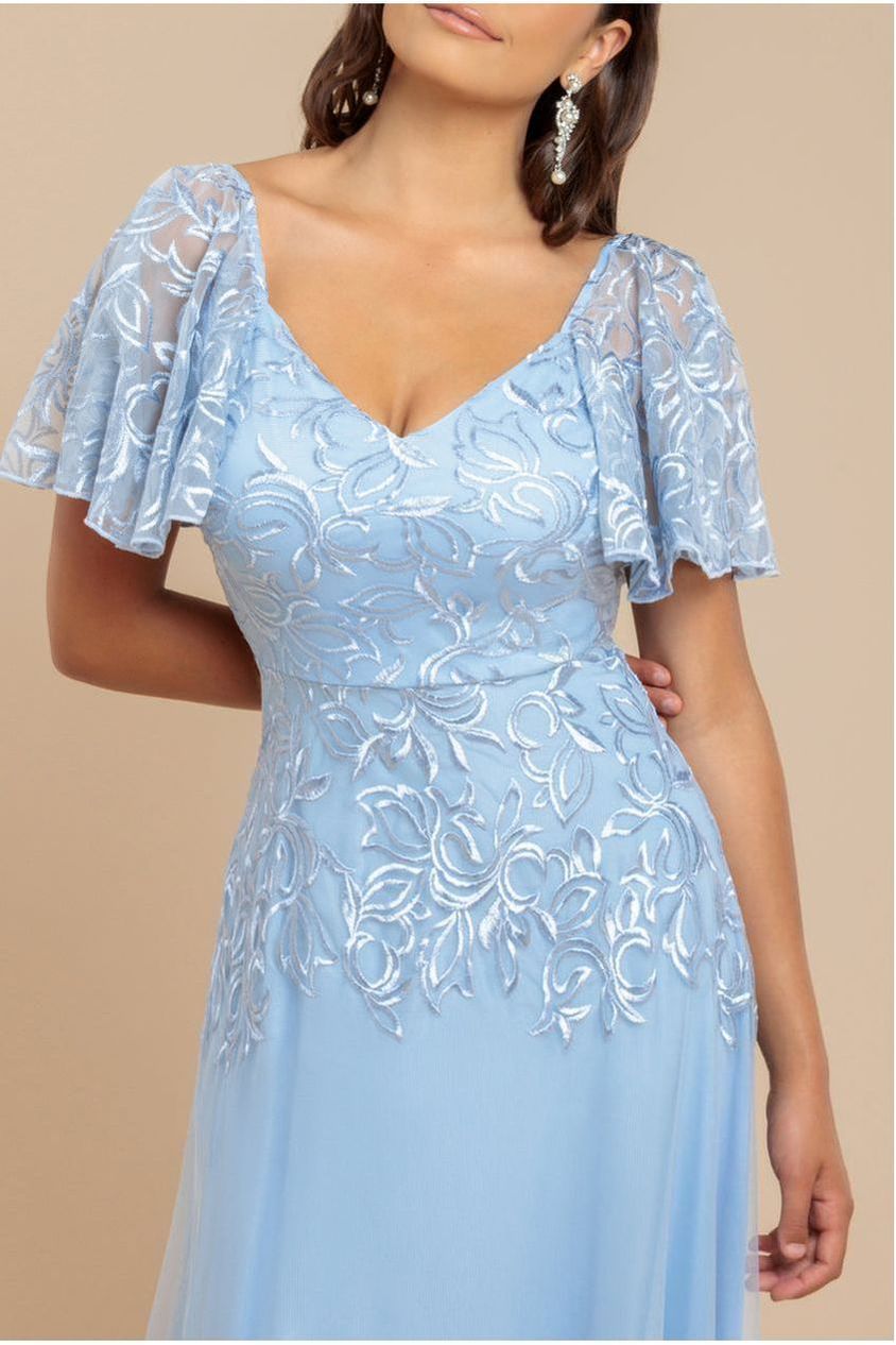 Goddiva Lace Flutter Sleeve Embroidered Mesh A Line Maxi Dress - Blue