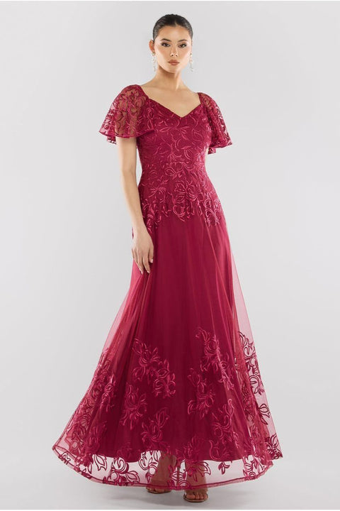 Goddiva Lace Flutter Sleeve Embroidered Mesh A Line Maxi Dress - Burgundy