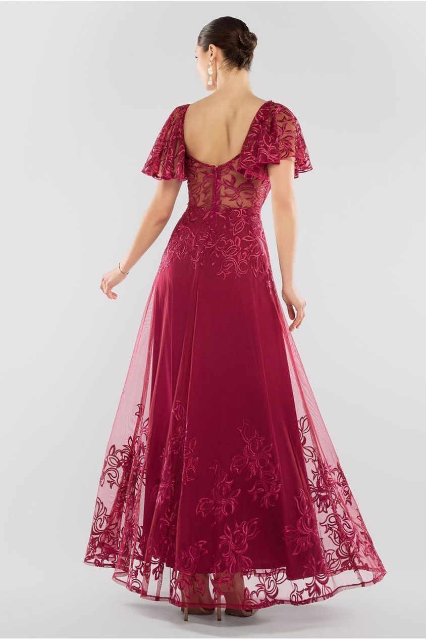 Goddiva Lace Flutter Sleeve Embroidered Mesh A Line Maxi Dress - Burgundy