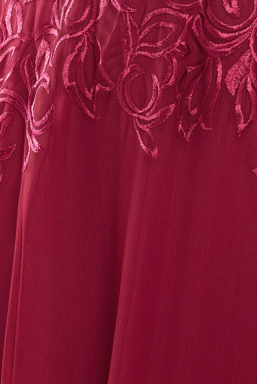 Goddiva Lace Flutter Sleeve Embroidered Mesh A Line Maxi Dress - Burgundy