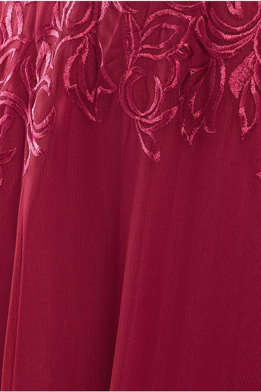 Goddiva Lace Flutter Sleeve Embroidered Mesh A Line Maxi Dress - Burgundy
