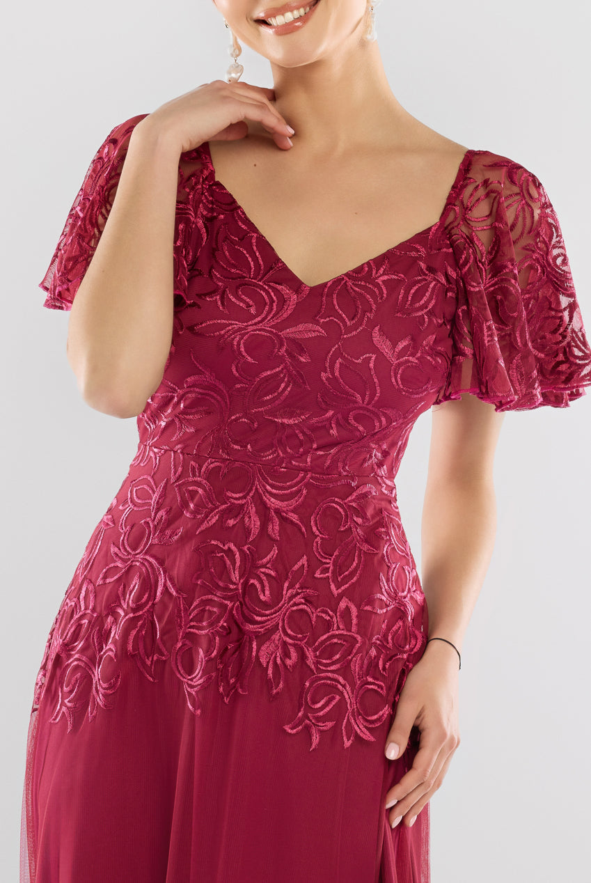 Goddiva Lace Flutter Sleeve Embroidered Mesh A Line Maxi Dress - Burgundy