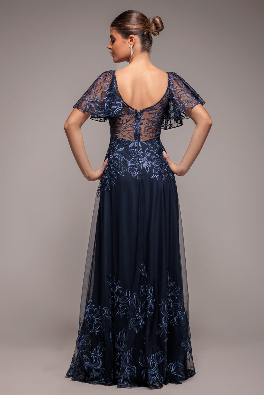 Goddiva Lace Flutter Sleeve Embroidered Mesh A Line Maxi Dress - Navy Blue