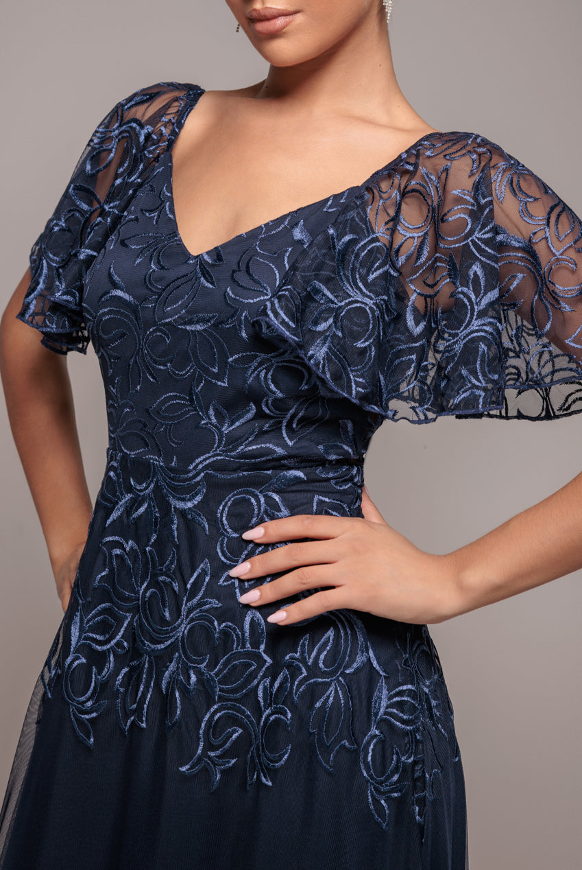 Goddiva Lace Flutter Sleeve Embroidered Mesh A Line Maxi Dress - Navy Blue