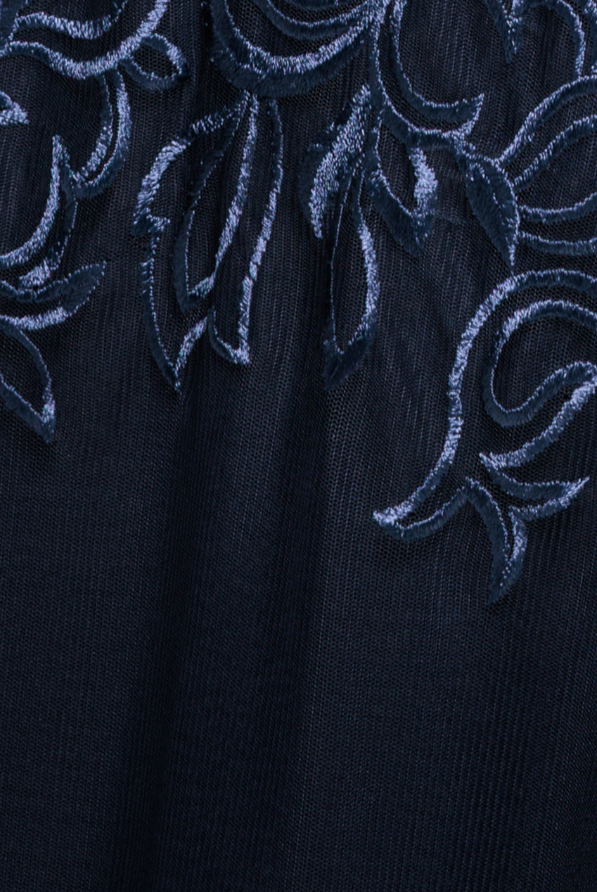 Goddiva Lace Flutter Sleeve Embroidered Mesh A Line Maxi Dress - Navy Blue
