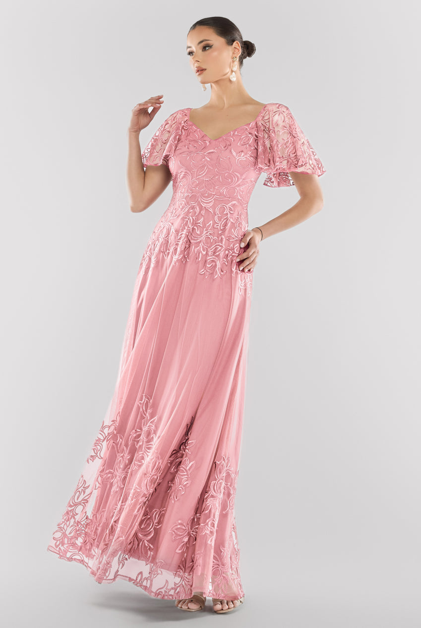 Goddiva Lace Flutter Sleeve Embroidered Mesh A Line Maxi Dress - Pink