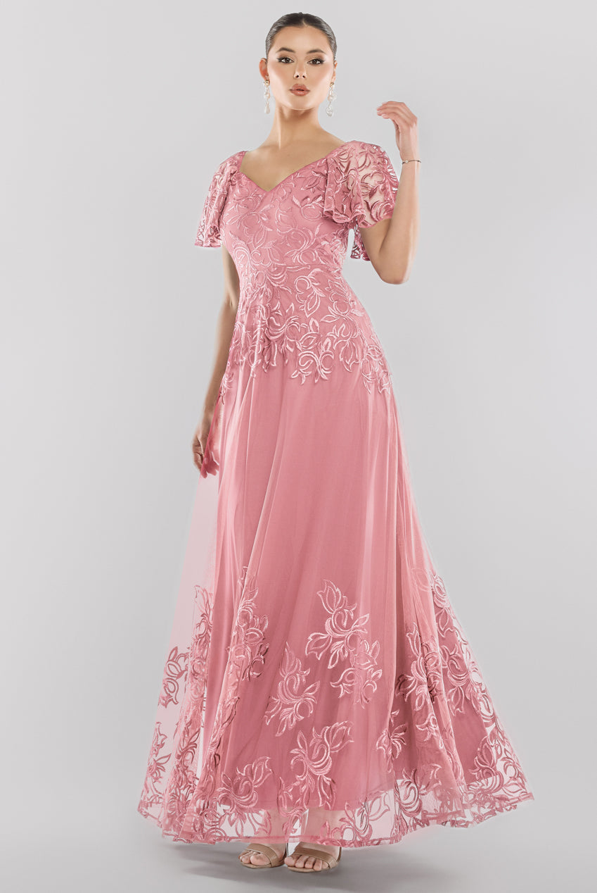 Goddiva Lace Flutter Sleeve Embroidered Mesh A Line Maxi Dress - Pink