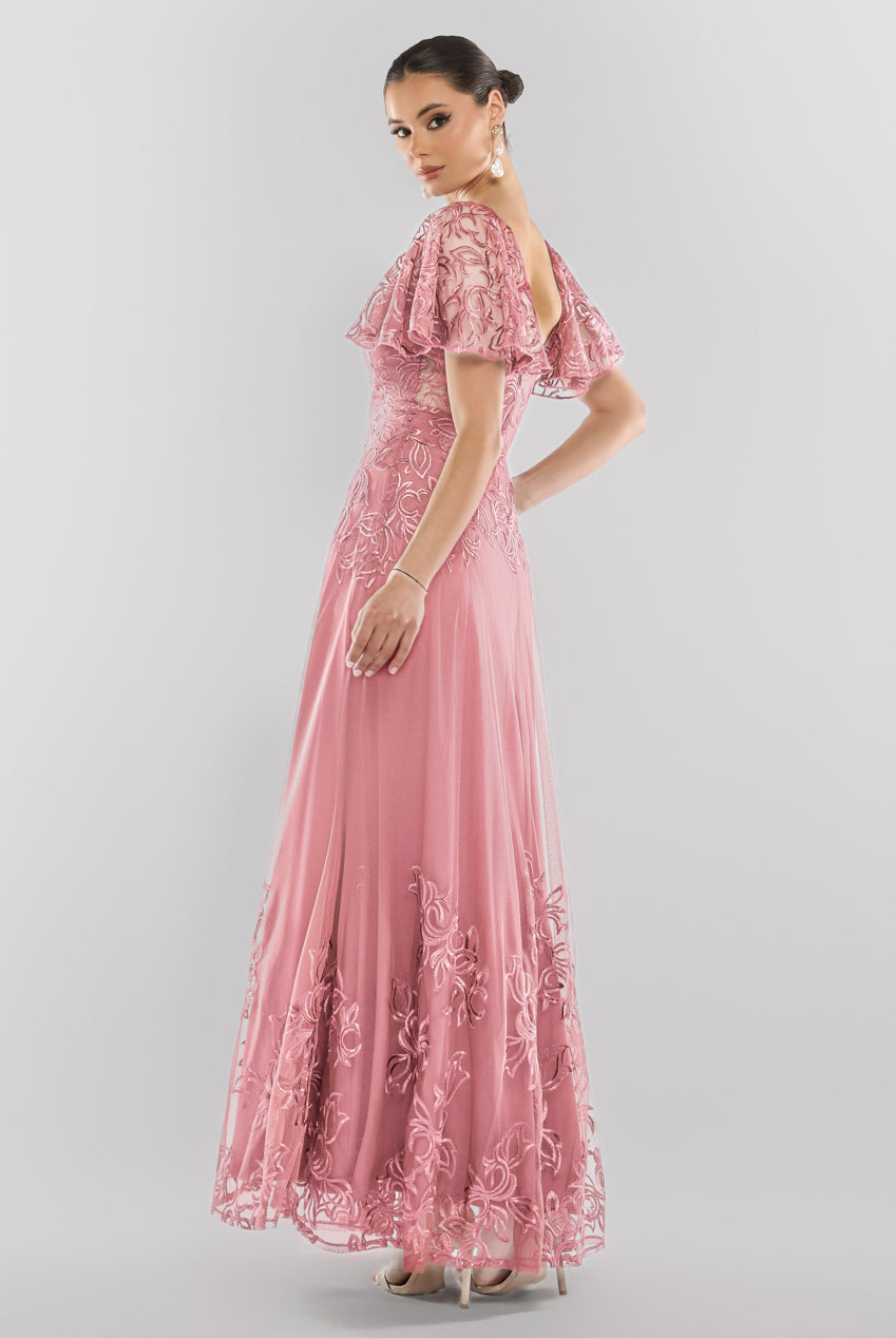 Goddiva Lace Flutter Sleeve Embroidered Mesh A Line Maxi Dress - Pink