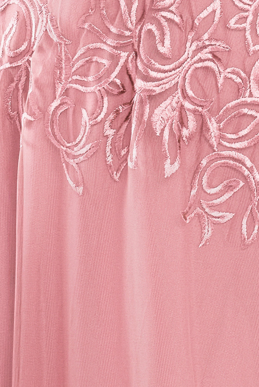 Goddiva Lace Flutter Sleeve Embroidered Mesh A Line Maxi Dress - Pink