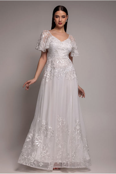 White - Goddiva Lace Flutter Sleeve Embroidered Mesh A Line Maxi Dress - White