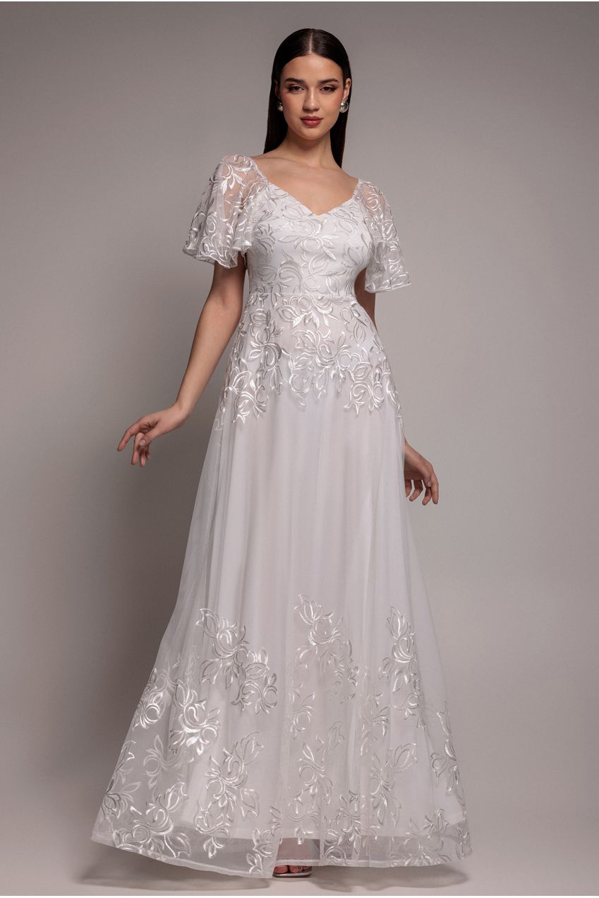 Goddiva Lace Flutter Sleeve Embroidered Mesh A Line Maxi Dress