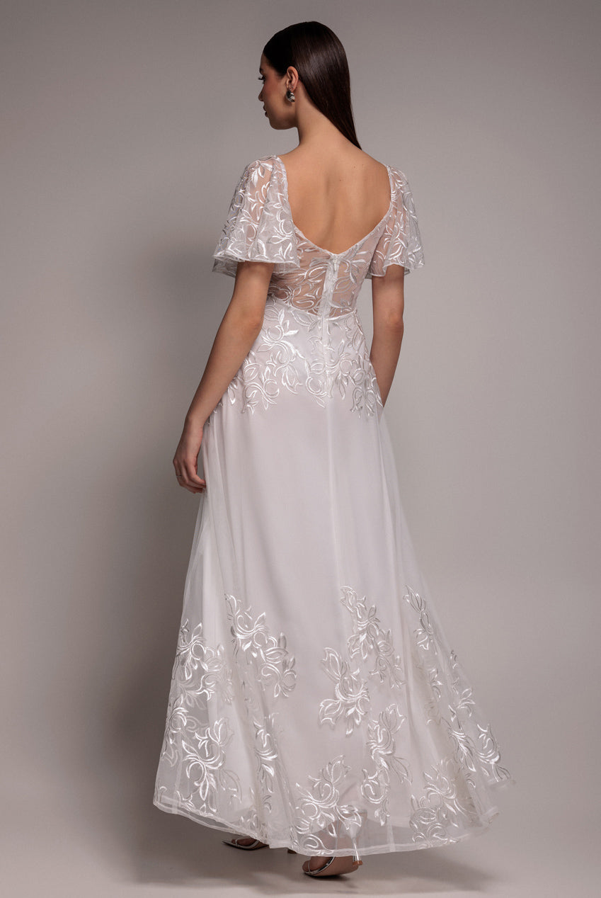 Goddiva Lace Flutter Sleeve Embroidered Mesh A Line Maxi Dress - White