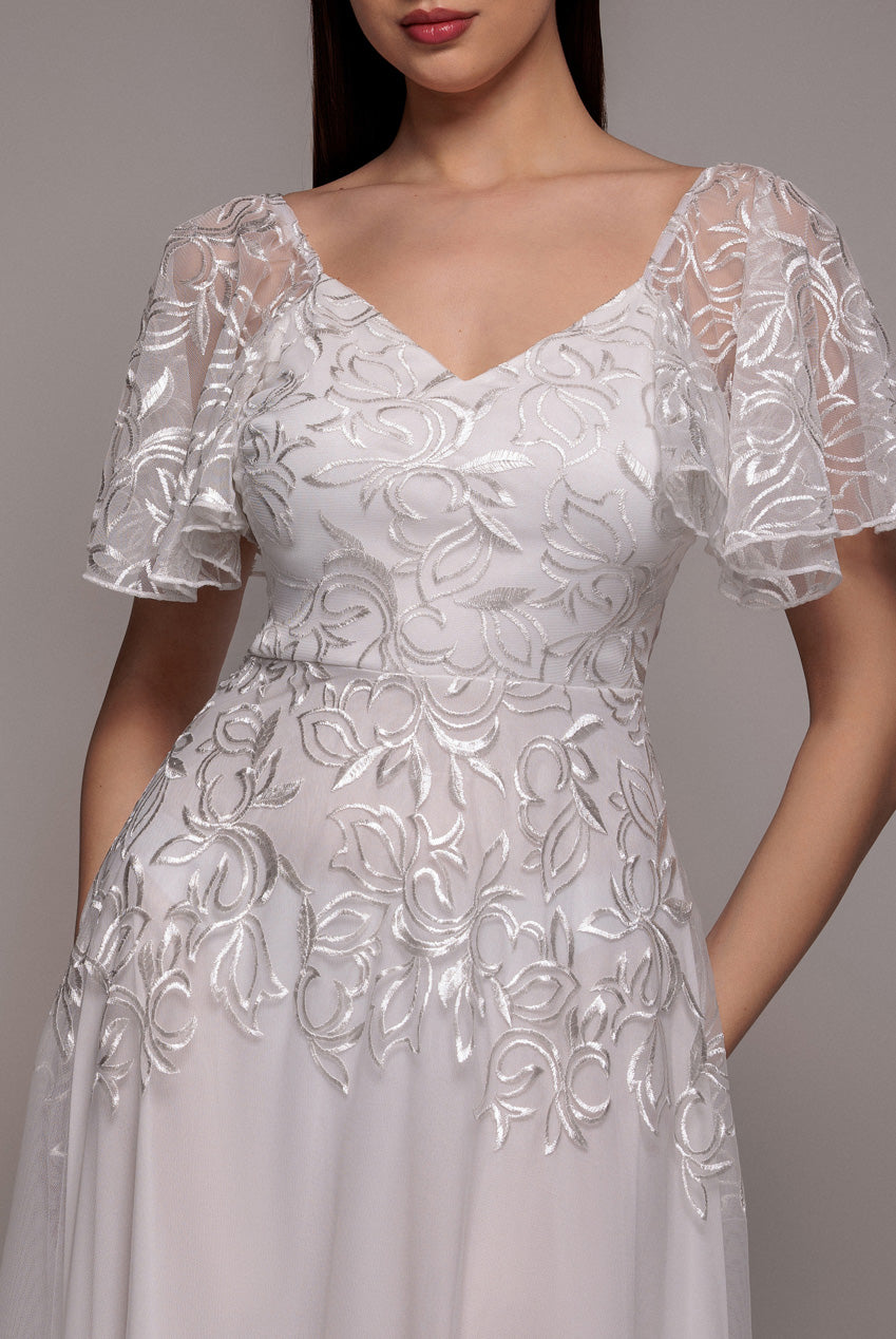 Goddiva Lace Flutter Sleeve Embroidered Mesh A Line Maxi Dress - White