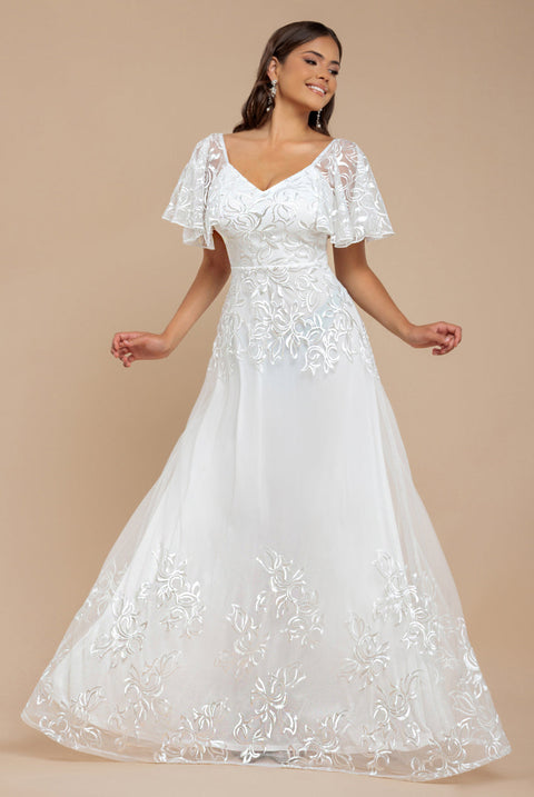 Goddiva Lace Flutter Sleeve Embroidered Mesh A Line Maxi Dress - White