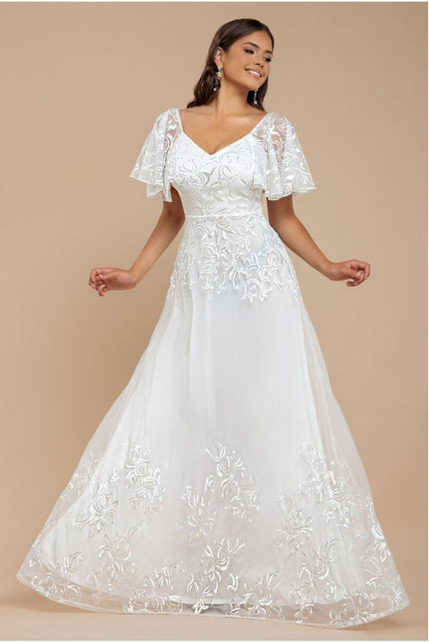 Goddiva Lace Flutter Sleeve Embroidered Mesh A Line Maxi Dress - White
