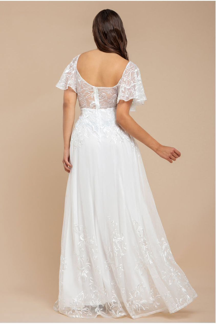 Goddiva Lace Flutter Sleeve Embroidered Mesh A Line Maxi Dress - White