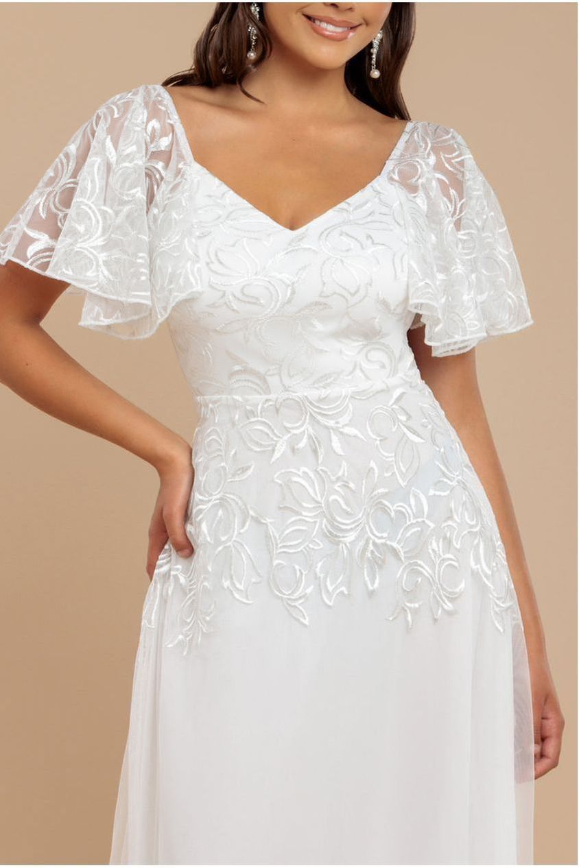Goddiva Lace Flutter Sleeve Embroidered Mesh A Line Maxi Dress - White