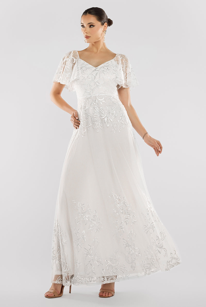 Goddiva Lace Flutter Sleeve Embroidered Mesh A Line Maxi Dress - White