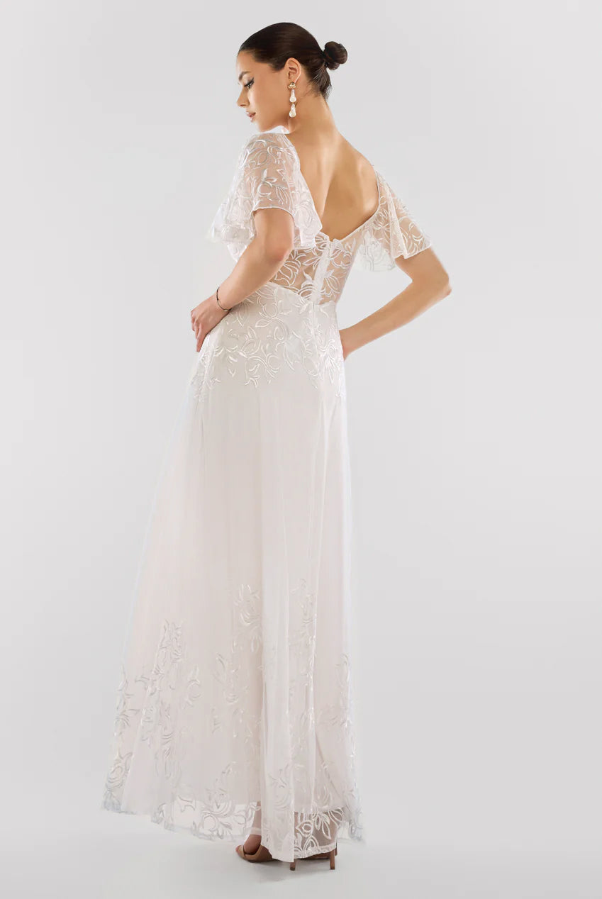 Goddiva Lace Flutter Sleeve Embroidered Mesh A Line Maxi Dress - White