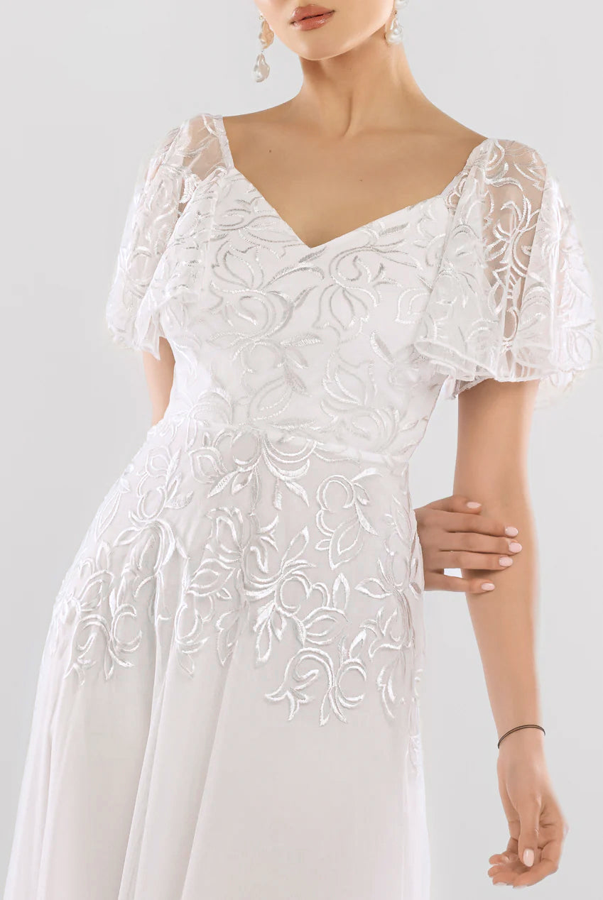 Goddiva Lace Flutter Sleeve Embroidered Mesh A Line Maxi Dress - White