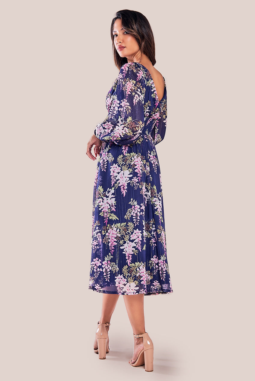 Goddiva Printed Lurex Chiffon Long Sleeve Midi Dress - Navy