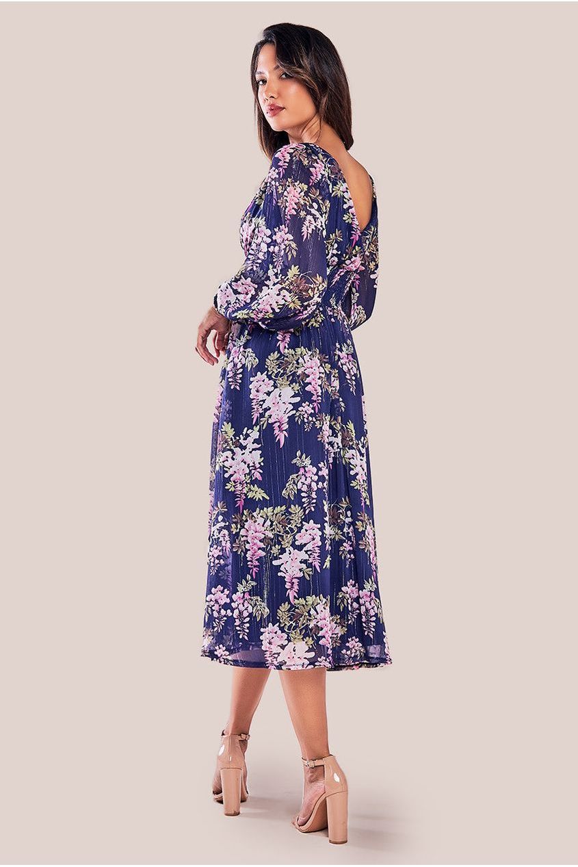 Goddiva Printed Lurex Chiffon Long Sleeve Midi Dress - Navy