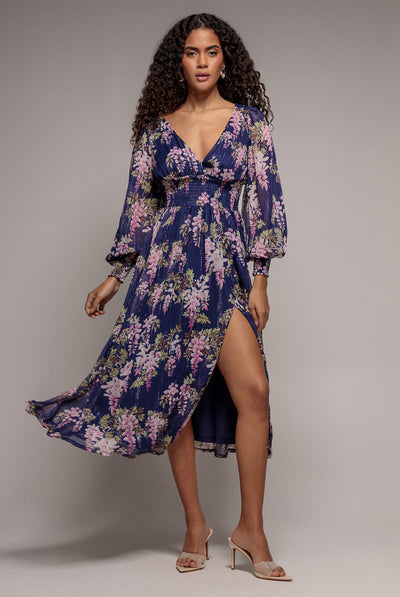 Navy - Goddiva Printed Lurex Chiffon Long Sleeve Midi Dress - Navy