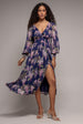 Goddiva Printed Lurex Chiffon Long Sleeve Midi Dress - Navy