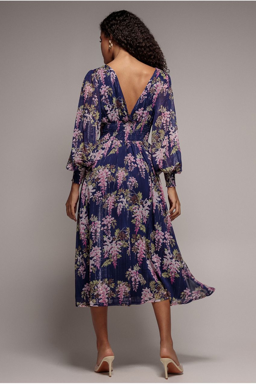 Goddiva Printed Lurex Chiffon Long Sleeve Midi Dress - Navy